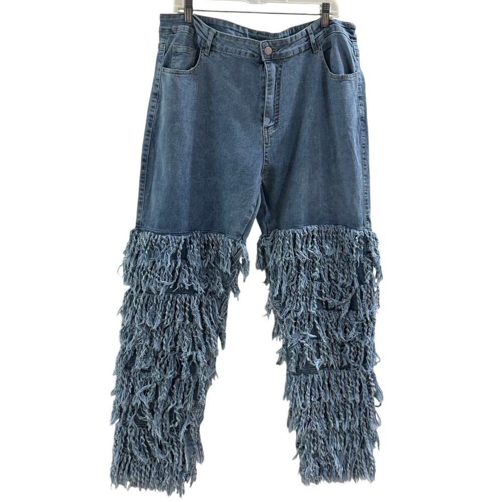 NEW Women's Denim Frayed Fringe 5 Pocket Medium Wash Blue Jeans Size 3XL